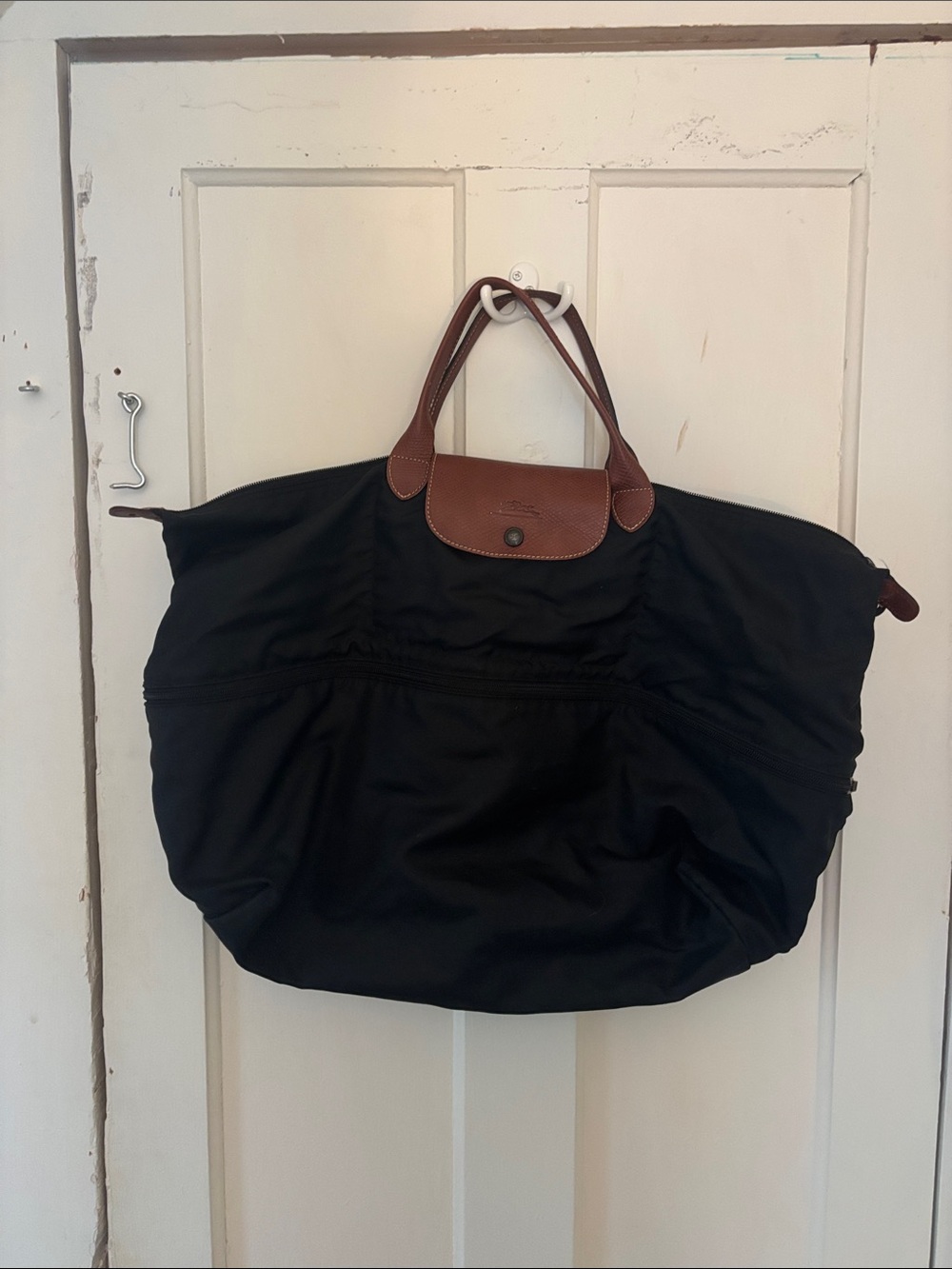 Longchamp Expandable Travel Tote with Brown Leather Trim